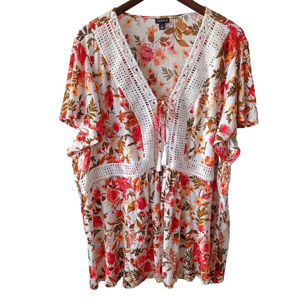 Torrid Floral Colorful Blouse Crochet Travel Resort wear Summer Top Plus Size 4X